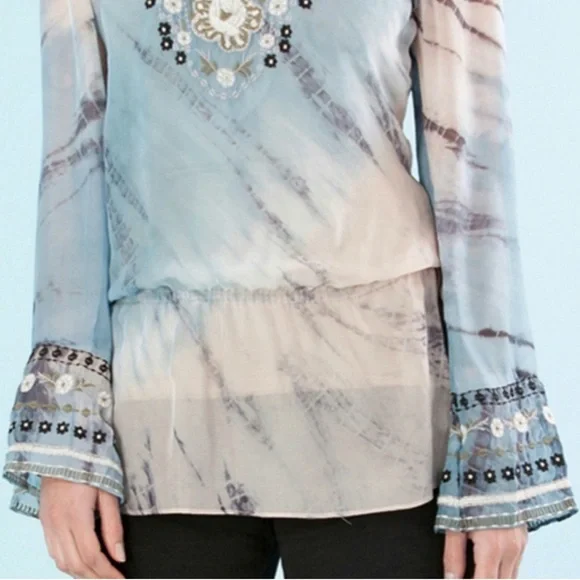 Hale Bob Cabana tye die silk embroidered split neck tunic